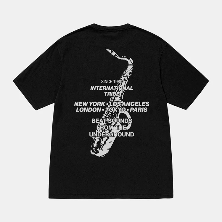 Stu FW24 假日系列 BEAT SOUNDS TEE PIGMENT DYED 乐器英文印花圆筒短袖T恤 黑色 白色 S M L XL  Y2450
