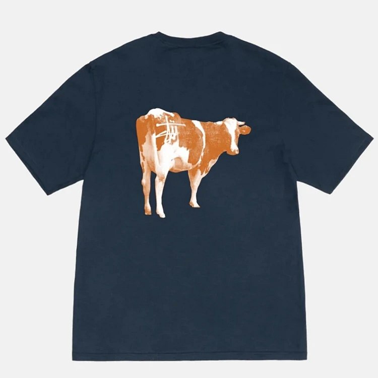 Stu  GRASSFED TEE 奶牛动物图案印花圆筒短袖t恤 黑色 白色 宝蓝色 S M L XL  Y2411