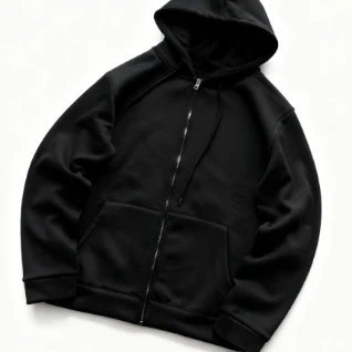Black/White Two-Tone Patchwork Hooded Zip-Up Jacket Set with Drawstring Hem 66043063