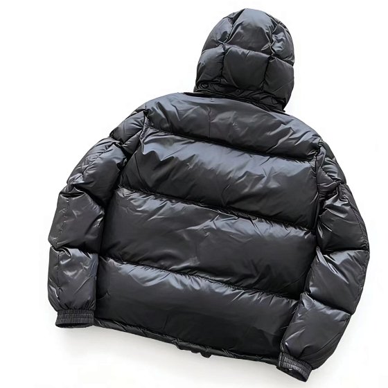 Left embroidered red small size side vertical zipper horizontal bar with zipper lock black hooded down jacket 66010845