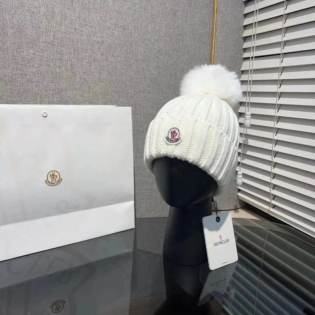 Moncler Knit Beanie Hat with Fur Pompon