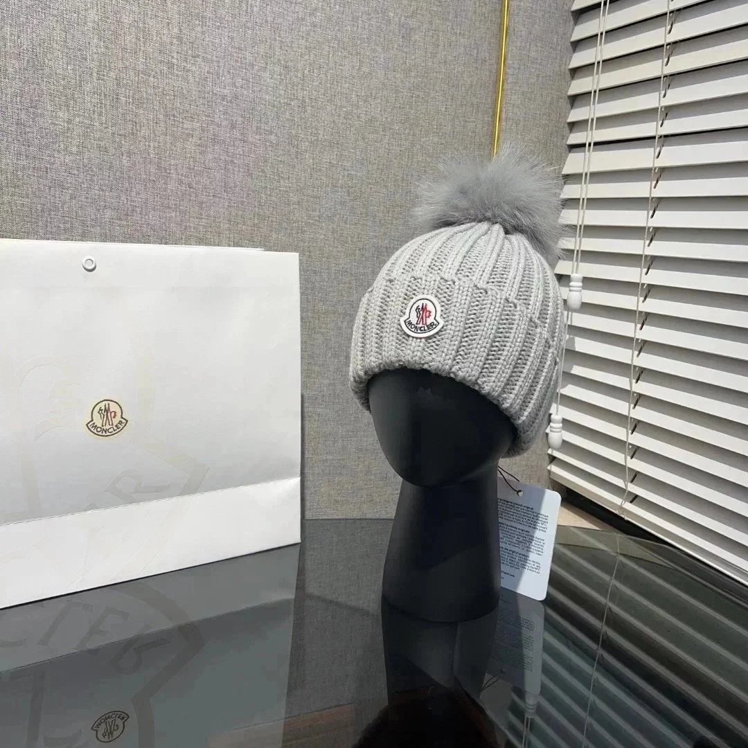Moncler Knit Beanie Hat with Fur Pompon