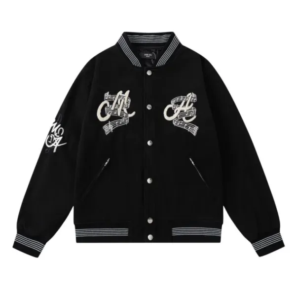 Amiri Music Note Embroidered Varsity Jacket Black - 1