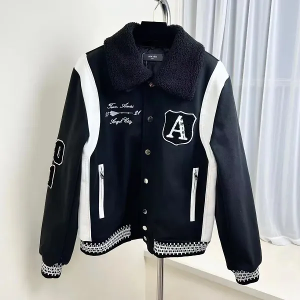 Amiri Varsity Jacket Black and White Sherpa Collar Jacket - 1