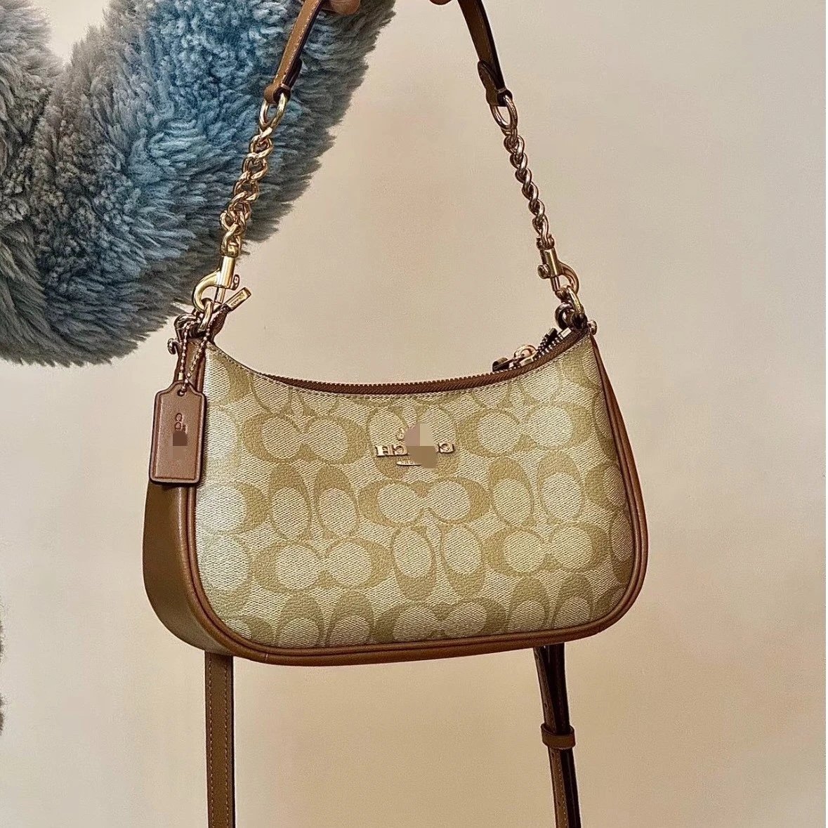 Coach Crescent Beige Monogram Chain Shoulder Bag