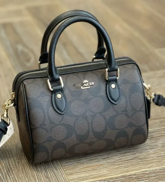 Coach Mini Bowery Boston Bag Brown Signature Canvas Handbag - 1