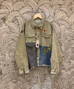 thumbnail for Carh Hart Destruction Splicing High Quality Solid Quality Embroidered Label Washed Old Lapel Retro Short Heavy Denim Jacket Couple Style Color Olive Green Size M-XL M Shoulder Width 53 Bust 126 Length 61 ...