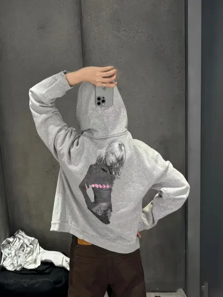 Design Tencel Hoodie Gray Graphic Print Hoodie - 4