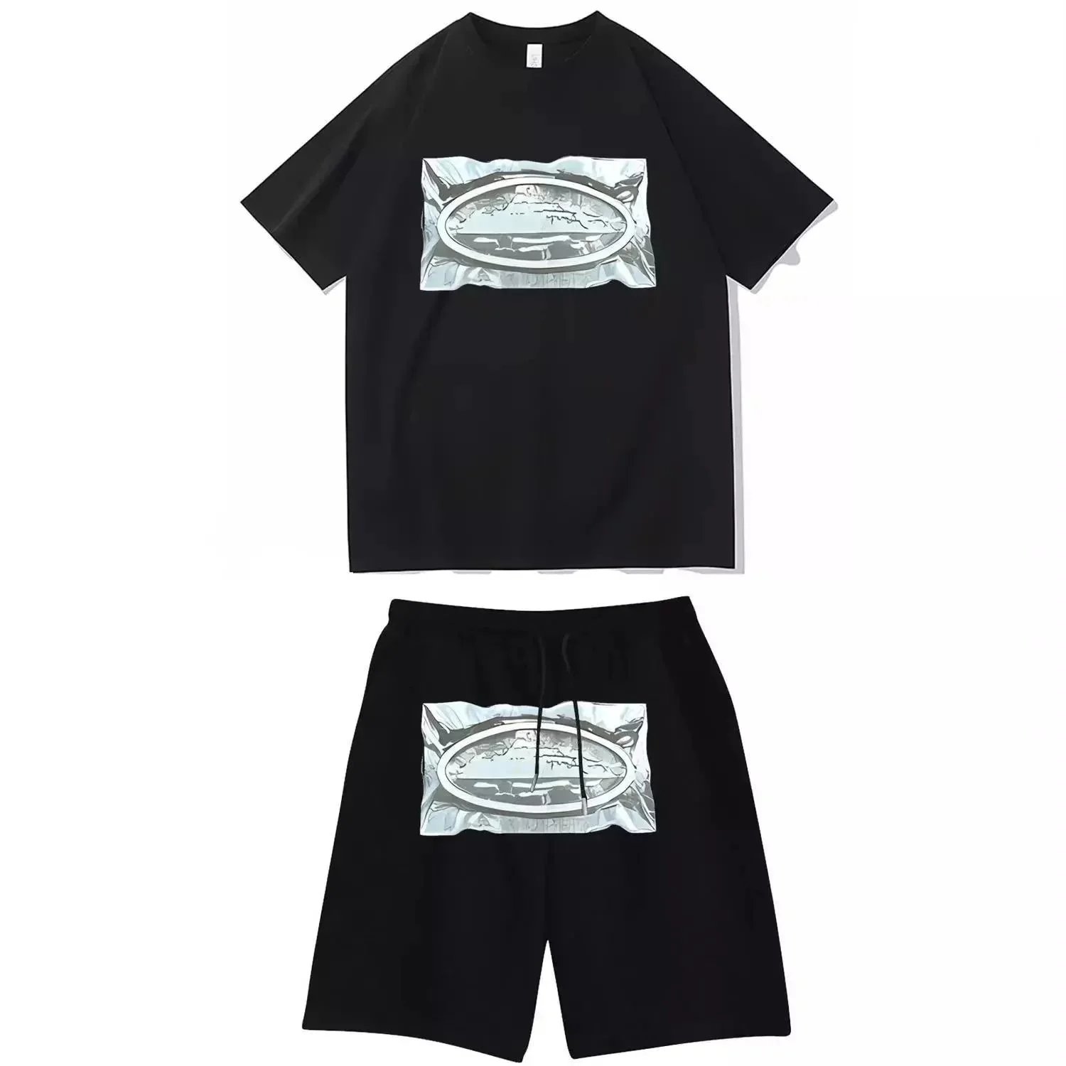 Gallery Dept. Crumpled Foil Print T-Shirt and Shorts Set Black - 1