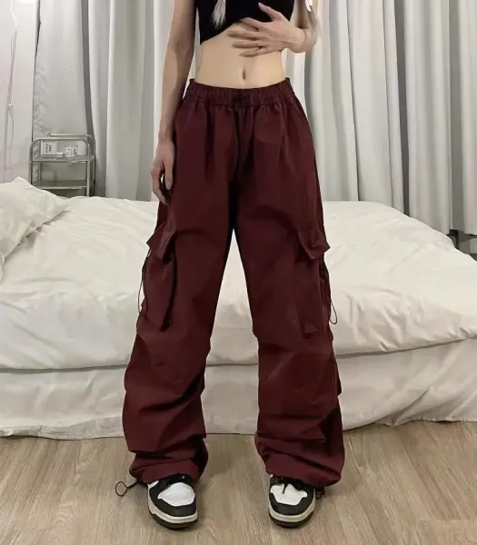 Design Wide-Leg Cargo Pants Burgundy Casual Pants - 1