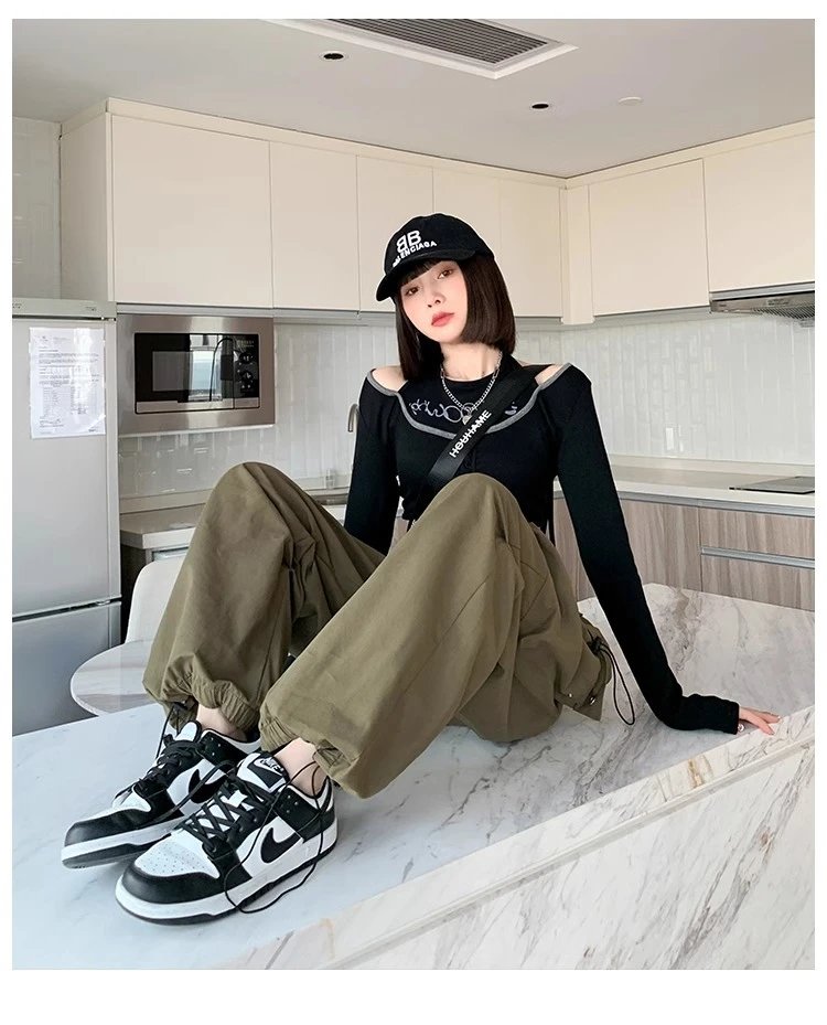 Design Wide-Leg Cargo Pants Black Casual Pants - 15
