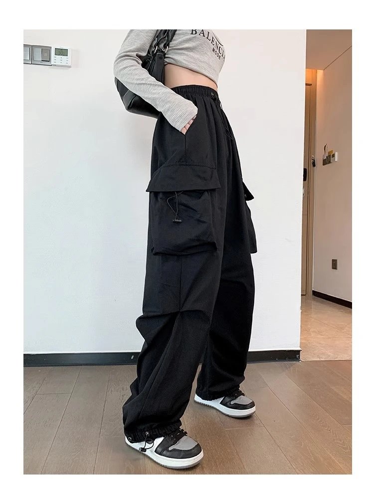 Design Wide-Leg Cargo Pants Black Casual Pants - 23
