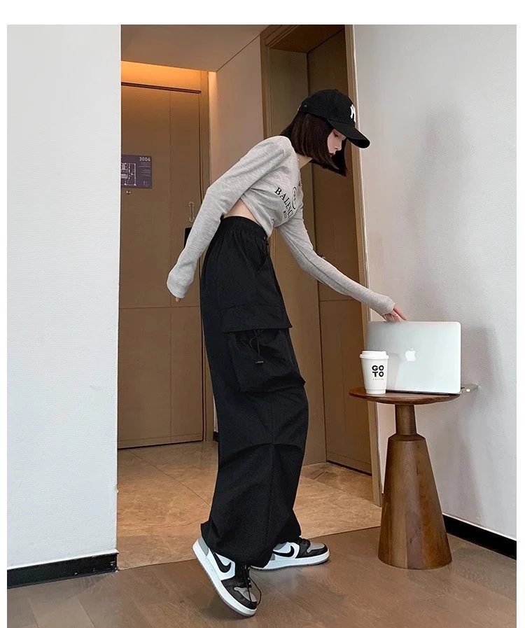 Design Wide-Leg Cargo Pants Black Casual Pants - 25