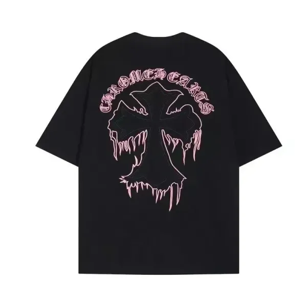 Chrome Hearts Dripping Cross Pink Outline Black T-Shirt - 1