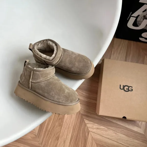 UGG Fluff Platform Mini Beige Suede Ankle Boots - 1