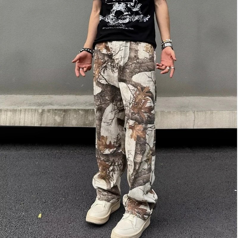 Design Camo Print Wide-Leg Pants with Tree Branch Pattern
