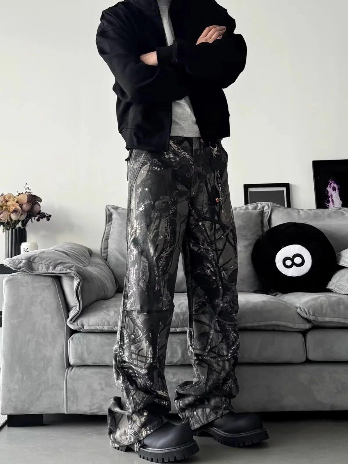 Design Camo Cargo Pants with Checkerboard Patches Gray Multicolor Pants - 8
