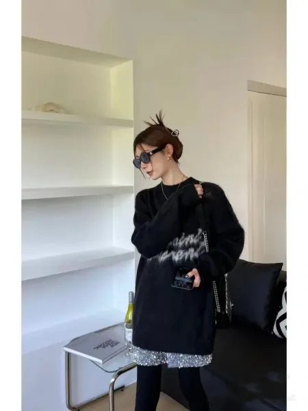 Saint Laurent Fuzzy Script Logo Black Sweater - 3