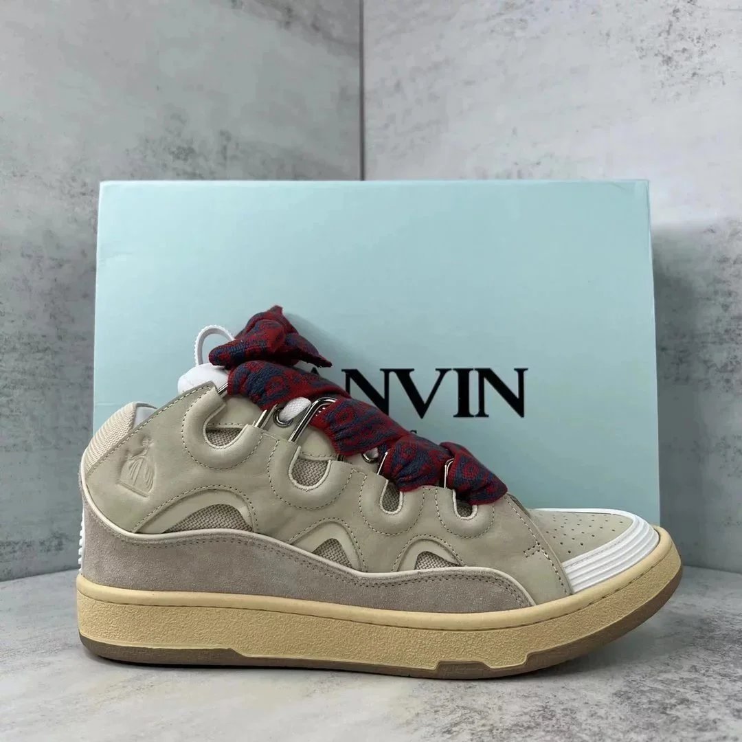 Lanvin Odsy-100 Beige Suede Sneakers with Red Patterned Lace Detail