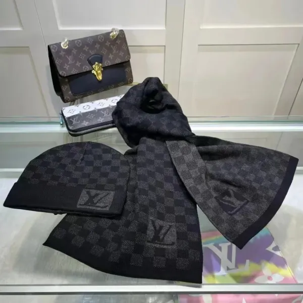 Louis Vuitton Damier Graphite Knit Beanie and Scarf Set with Monogram Pochette and Wallet - 1