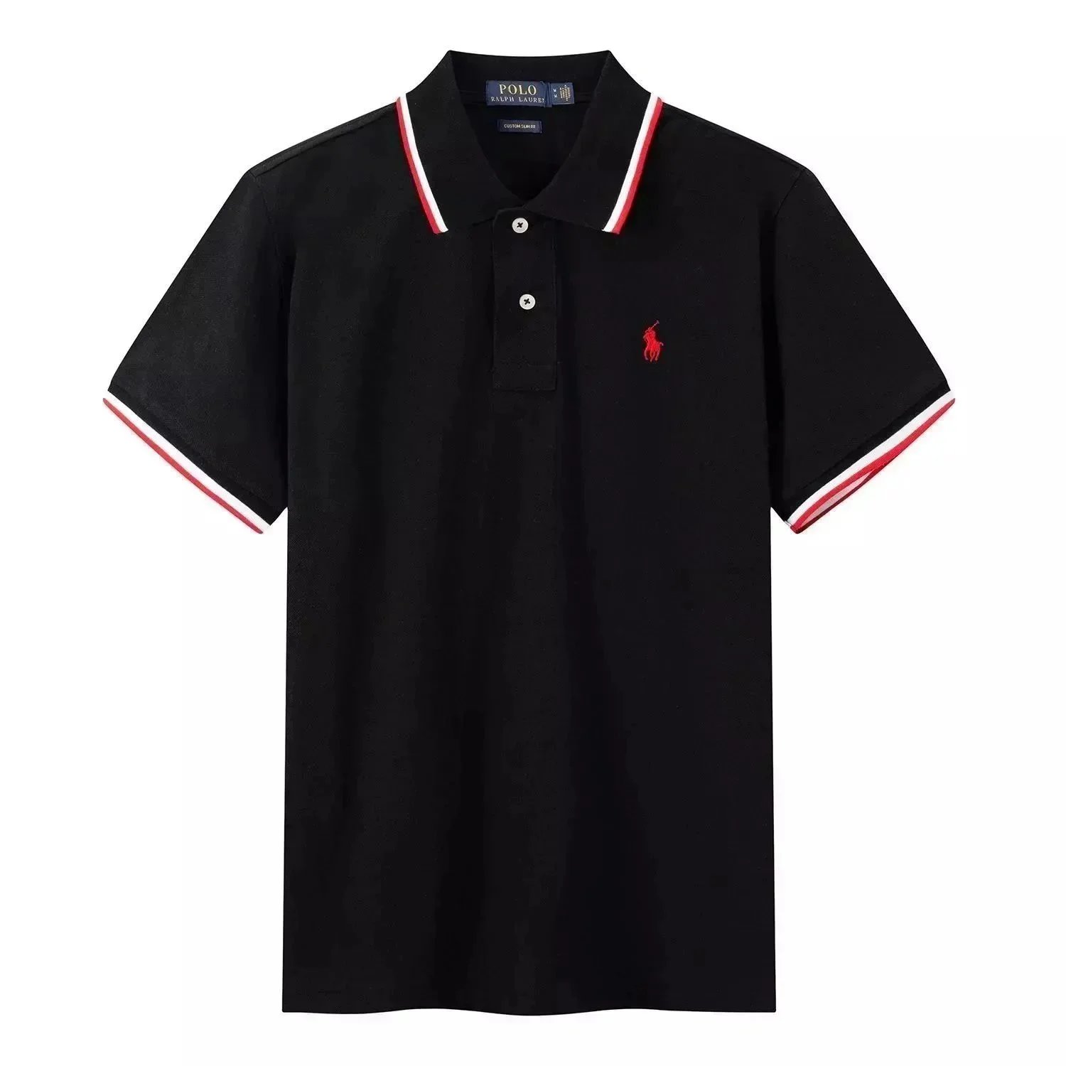 Ralph Lauren Custom Slim Fit Black Polo Shirt with Red-White Trim - 1