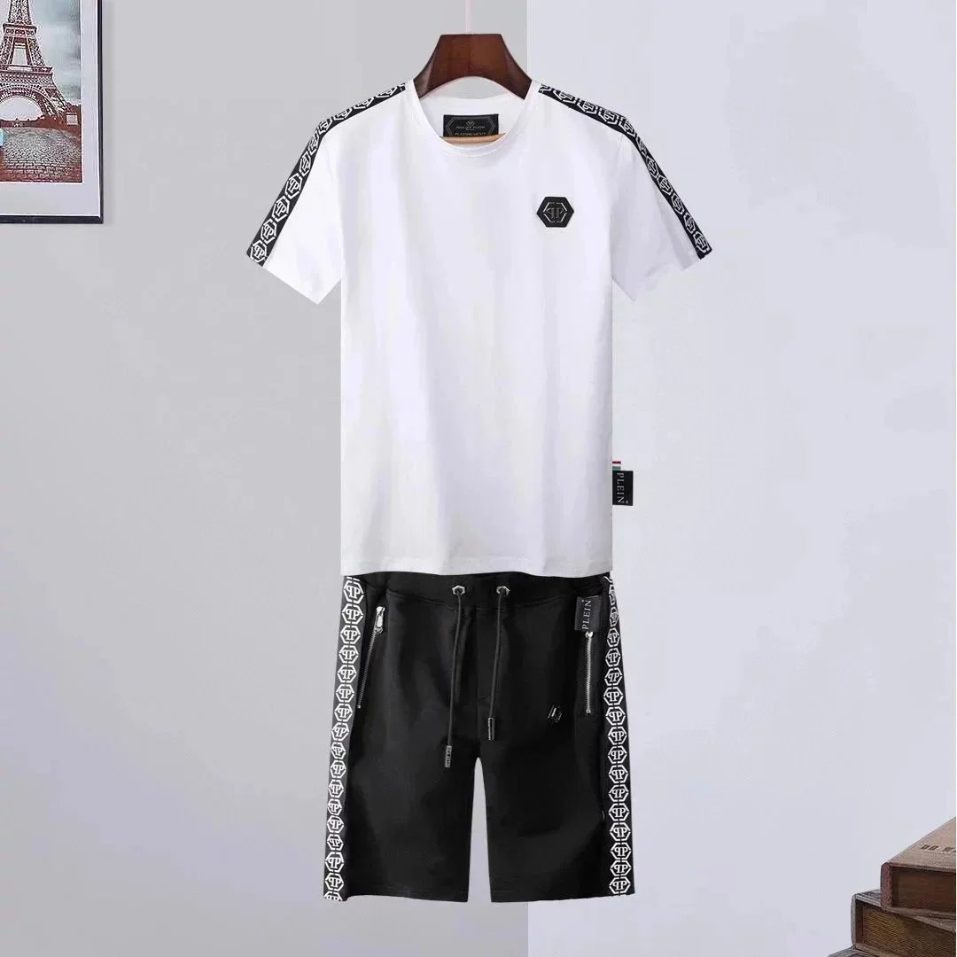 Philipp Plein PP Hexagon Print White and Black T-Shirt and Shorts Set - 10