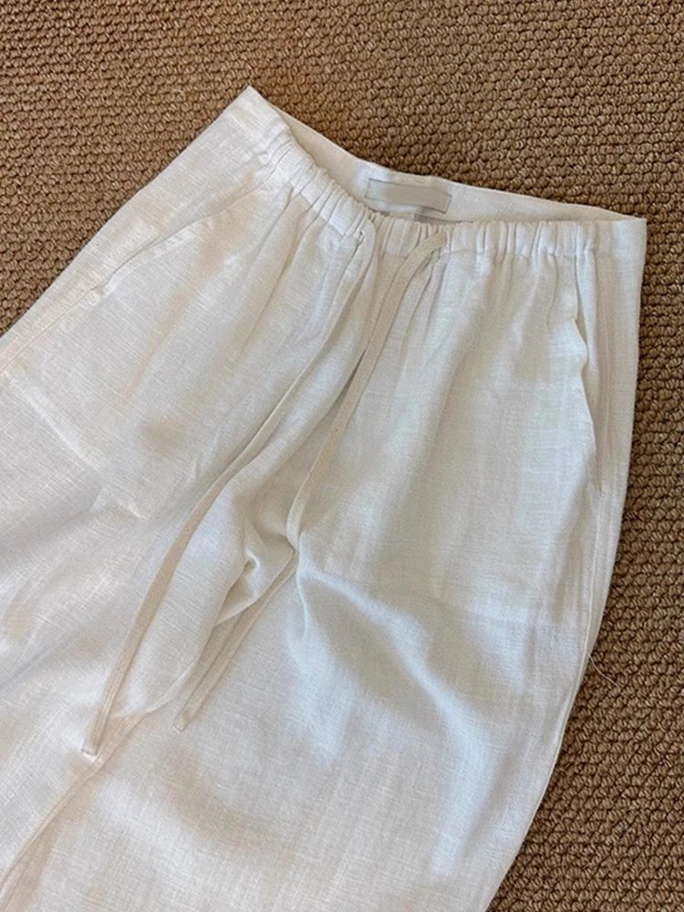 Design Linen Wide-Leg Trousers White Casual Pants - 3