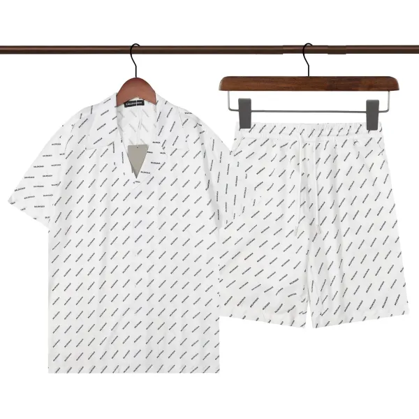 Balenciaga All-Over Logo Print White Shirt and Shorts Set - 1