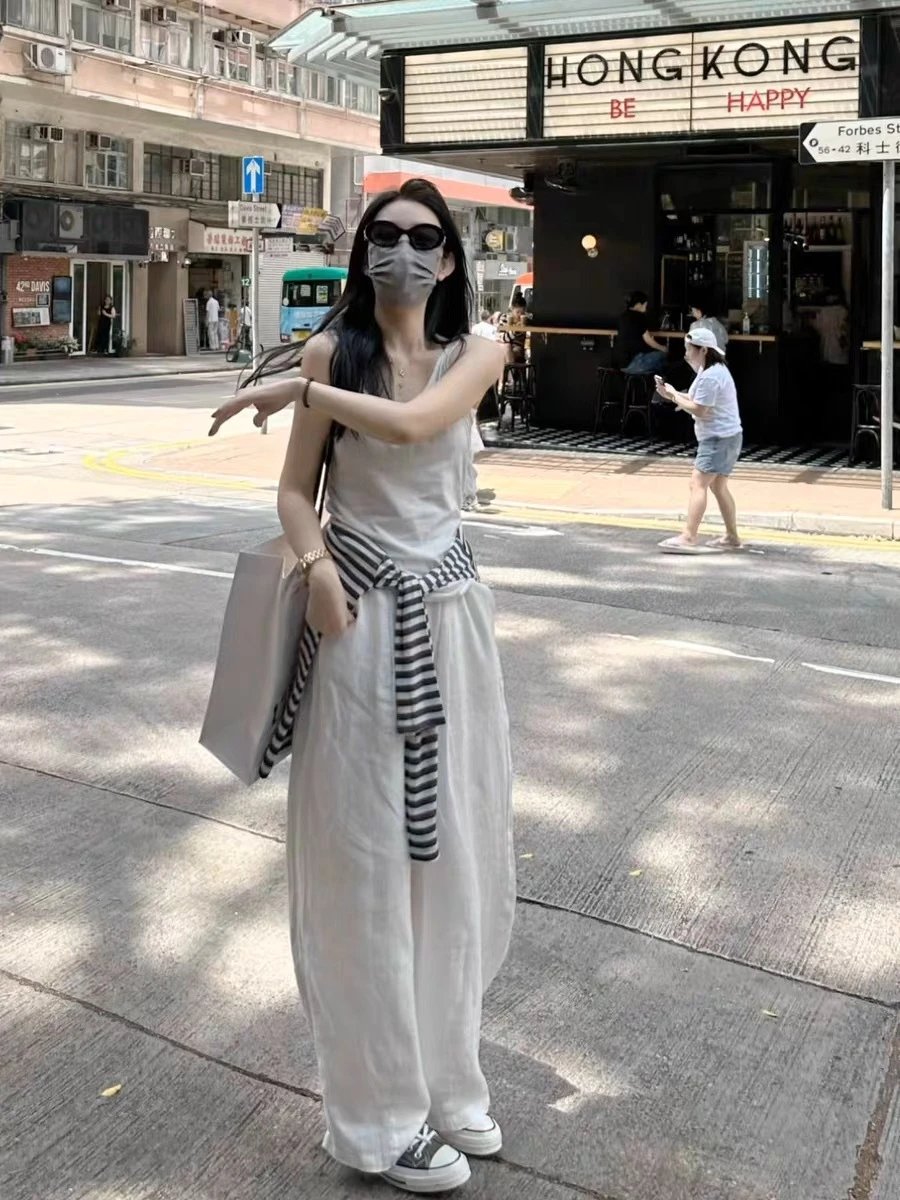 Design Linen Wide-Leg Trousers White Casual Pants - 5