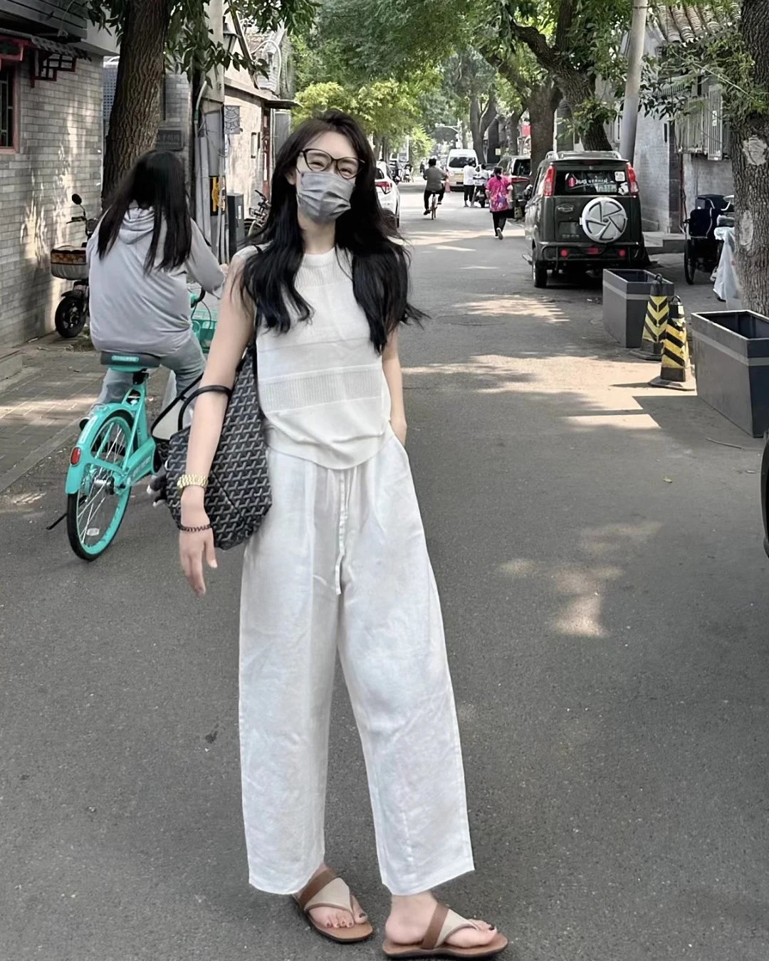 Design Linen Wide-Leg Trousers White Casual Pants - 4