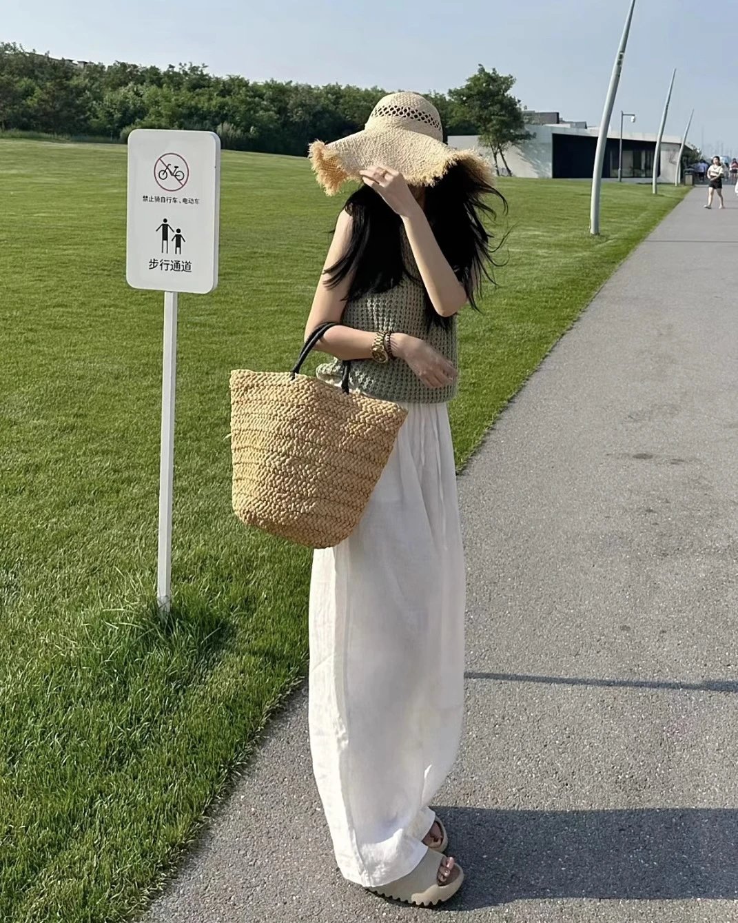Design Linen Wide-Leg Trousers White Casual Pants - 6