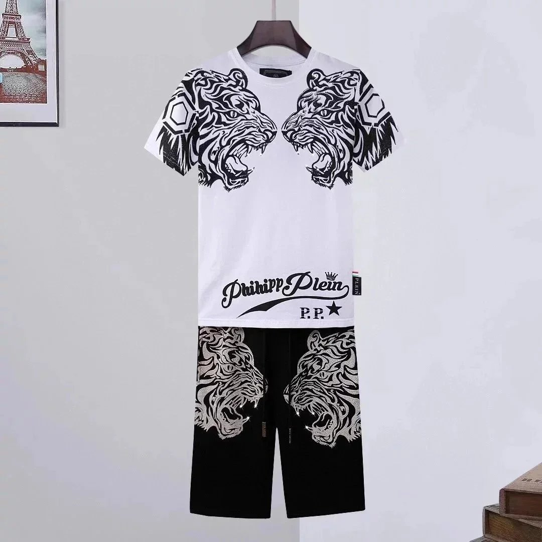 Philipp Plein PP Hexagon Print White and Black T-Shirt and Shorts Set - 11