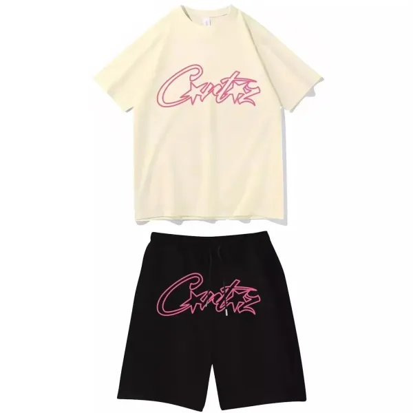 Corteiz Script Logo Cream T-Shirt and Black Shorts Set - 1