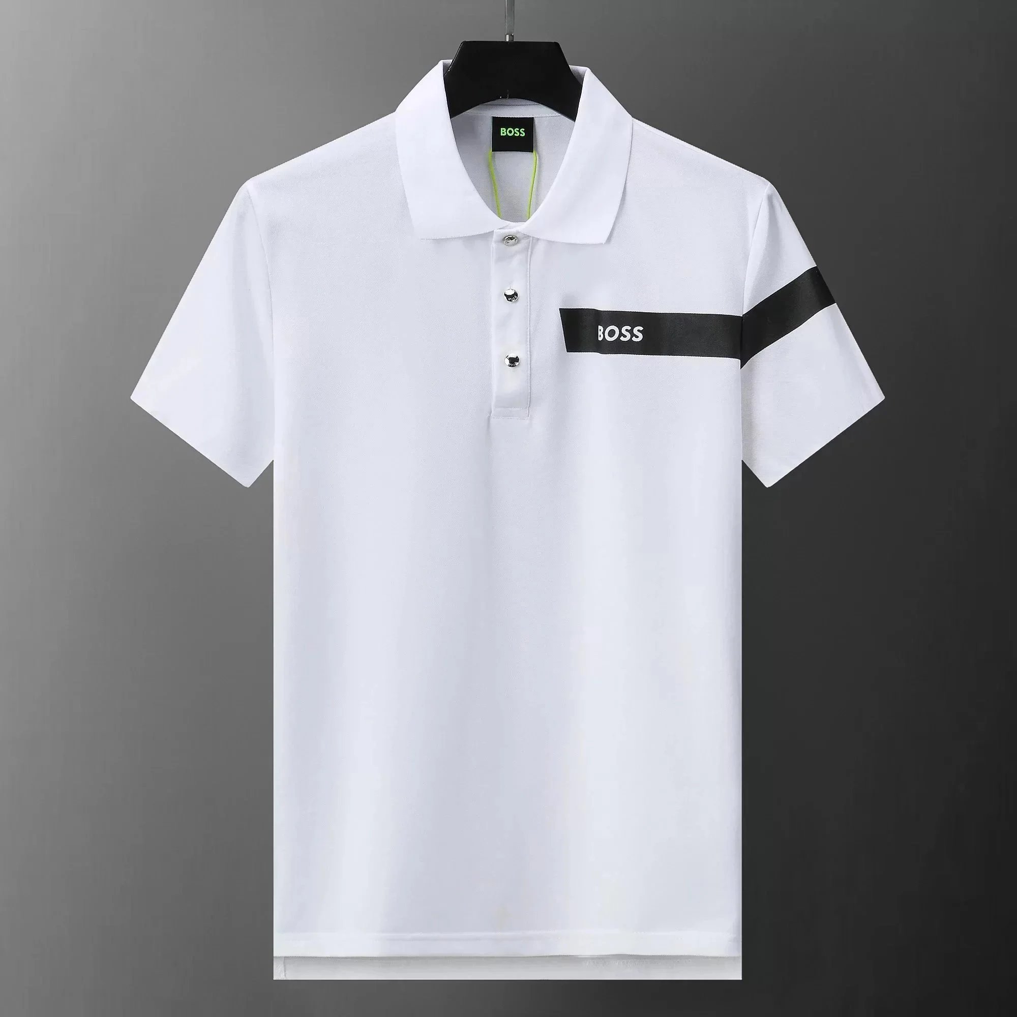Hugo Boss Polo Shirt White with Black Stripe Logo - 1