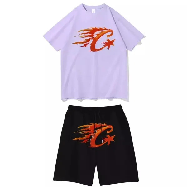 Corteiz Flame Logo Set: Lavender T-Shirt and Black Shorts - 1