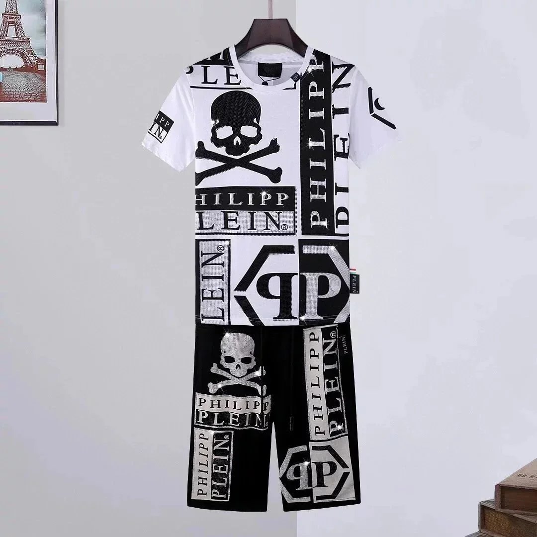 Philipp Plein PP Hexagon Print White and Black T-Shirt and Shorts Set - 5