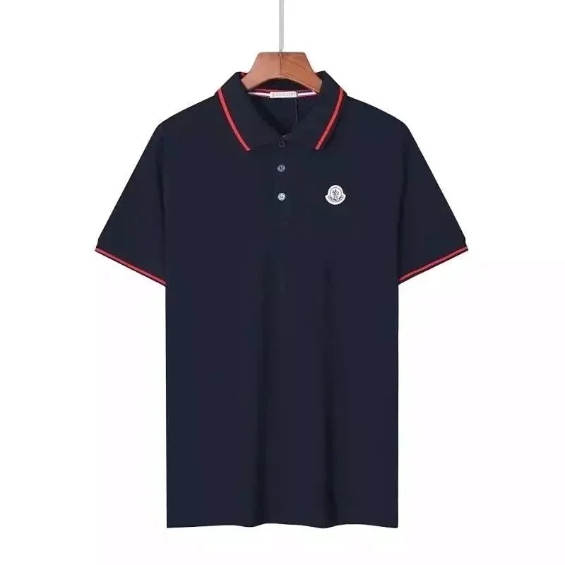 Moncler Logo Embroidered Navy Polo Shirt with Red Trim - 1