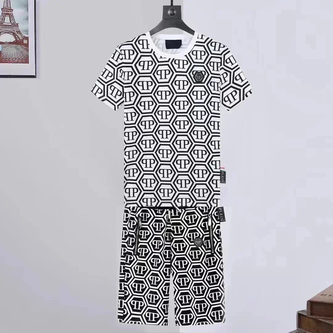 Philipp Plein PP Hexagon Print White and Black T-Shirt and Shorts Set - 1