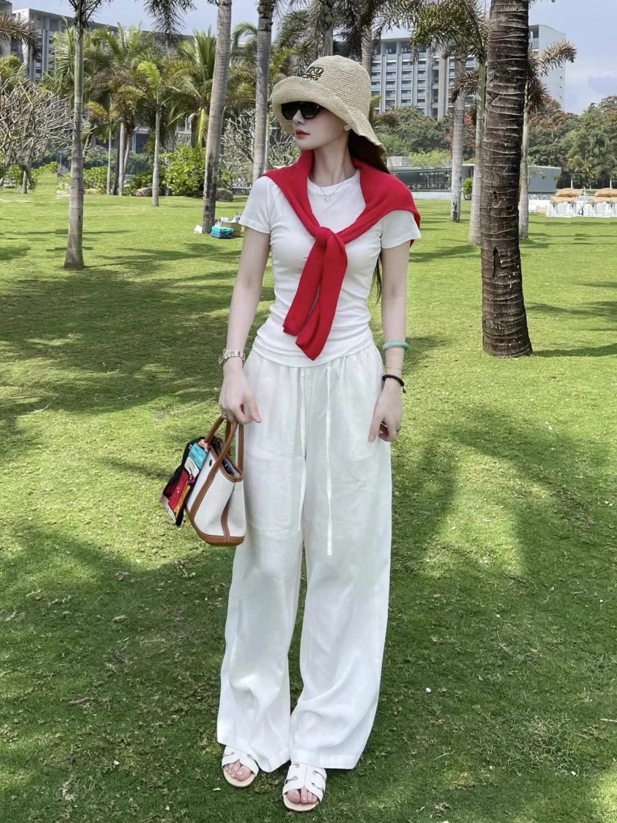 Design Linen Wide-Leg Trousers White Casual Pants - 7