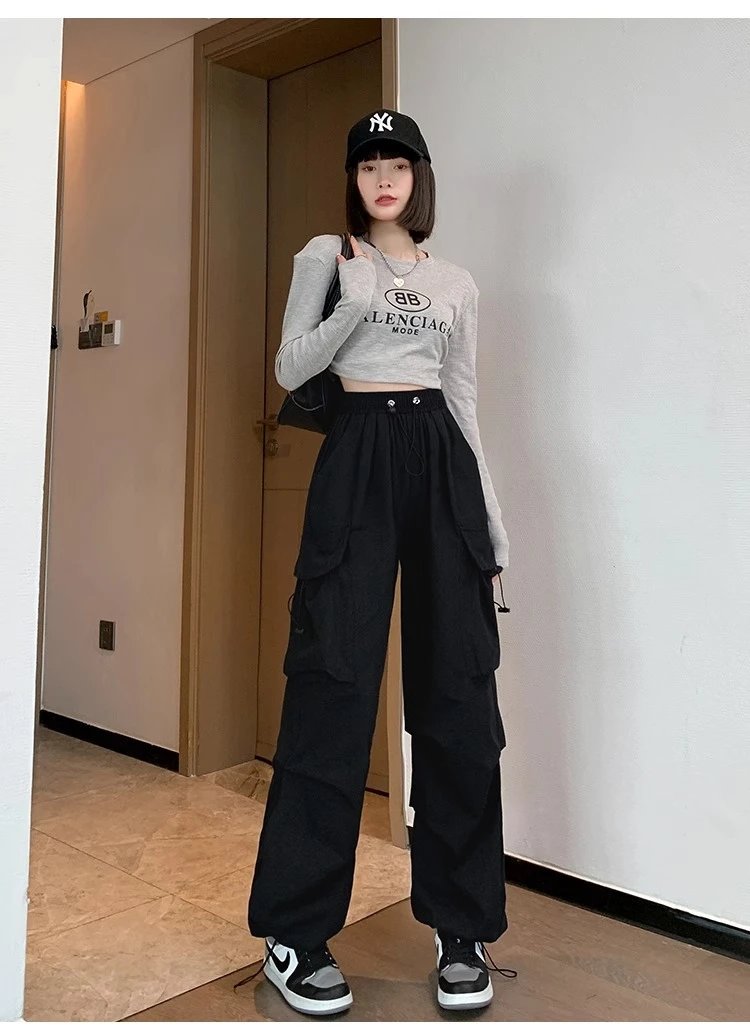 Design Wide-Leg Cargo Pants Black Casual Pants - 24