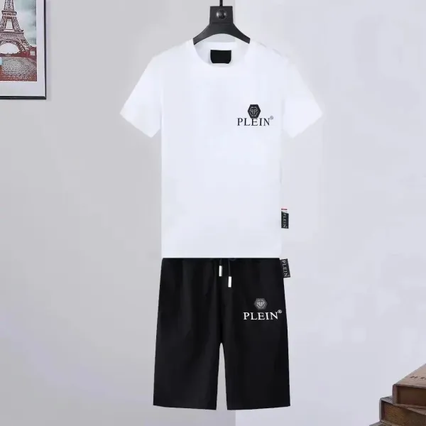 Philipp Plein Logo Print White T-Shirt and Black Shorts Set - 1