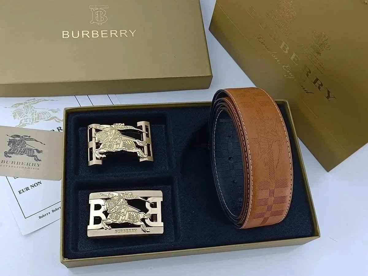 Burberry Equestrian Knight Belt Set Tan Leather with Gold-Tone Buckles - 1
