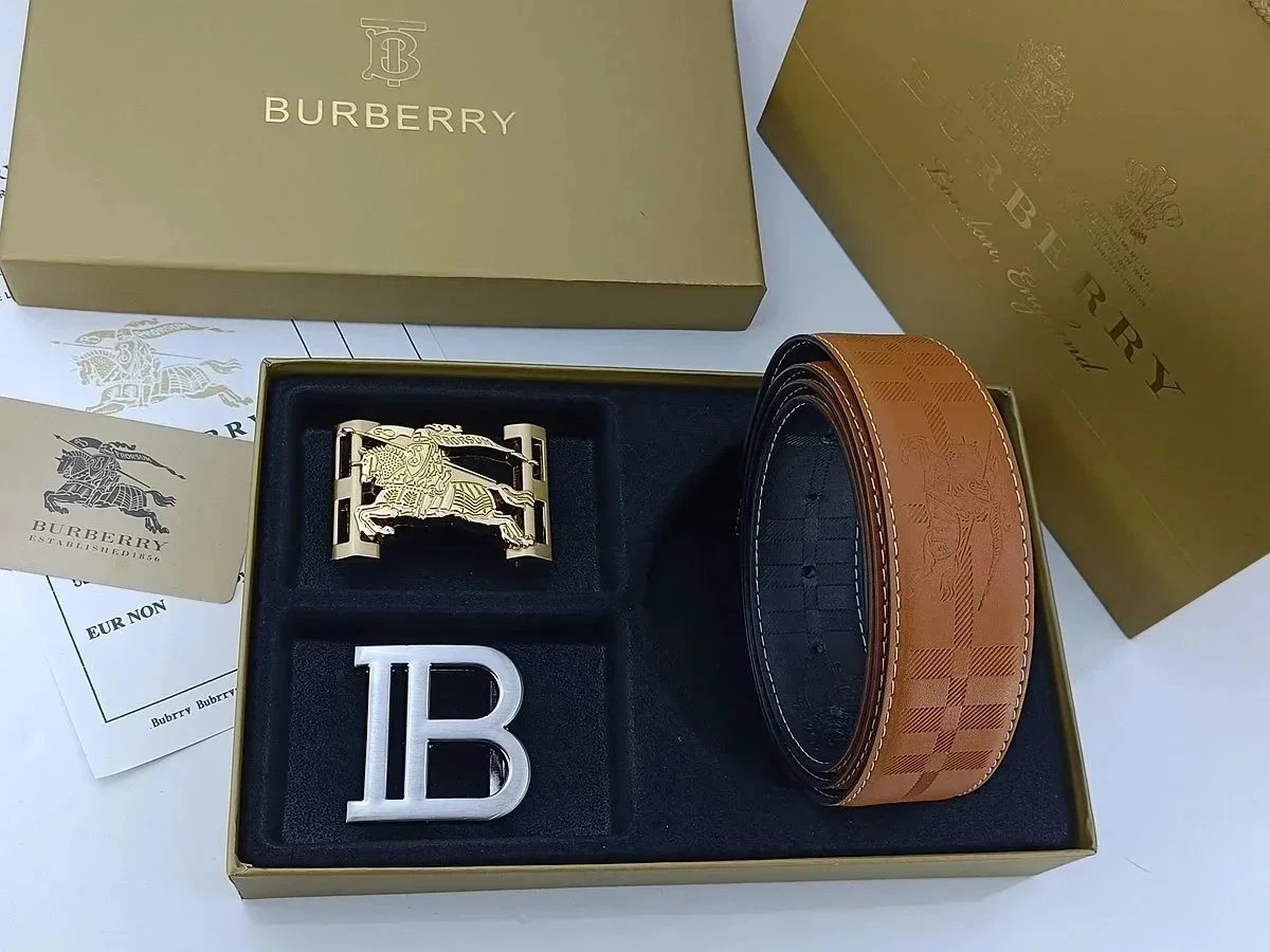 Burberry Horseferry Logo Belt Tan Leather with Interchangeable Buckles - 1