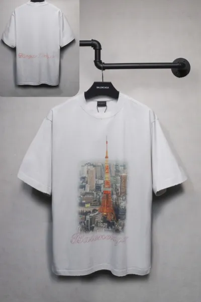 Balenciaga Tokyo Tower Graphic Print White T-Shirt - 1