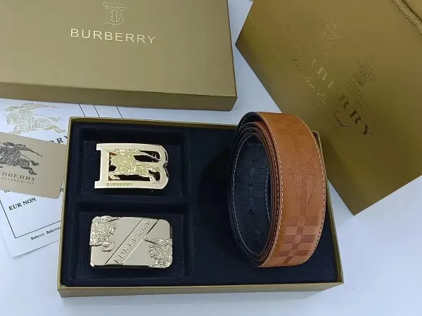 Burberry Iconic Check Belt Tan with Gold-Tone Horseferry Buckles Belt - 1