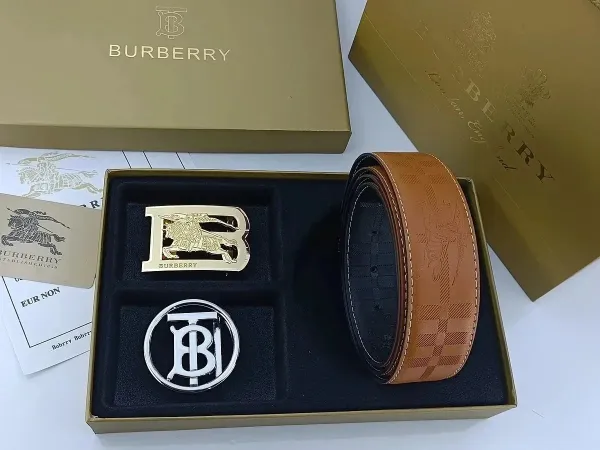 Burberry Check-Print Leather Belt with Interchangeable Gold and Silver TB Buckles Brown Belt - 1