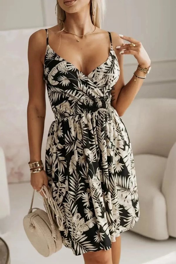 Design Tropical Leaf Print Wrap Front Dress Black and Cream Casual Dress product listing in Litbuy spreadsheet finds