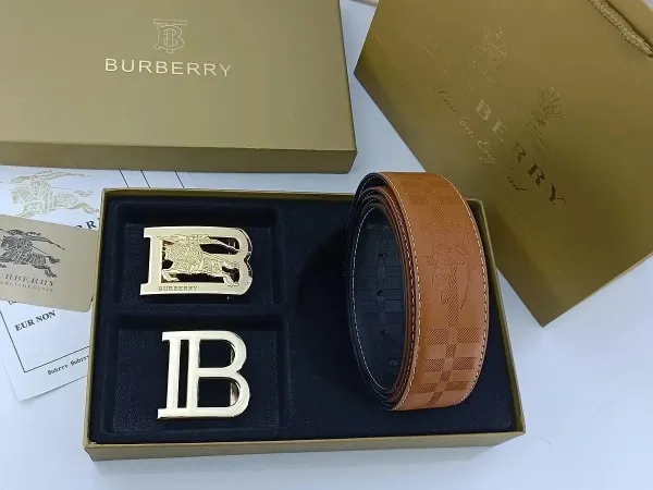 Burberry Interlocking B Belt Tan Check Leather Belt - 1