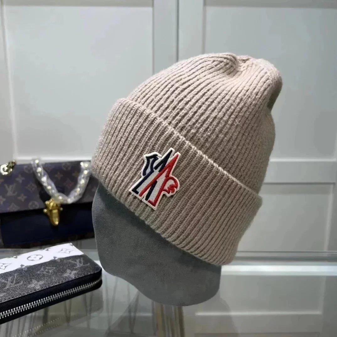 Moncler Logo-Embroidered Beige Ribbed Knit Beanie - 1