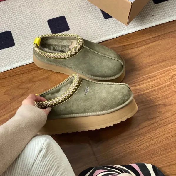 UGG Tasman Platform Slipper Olive Green with Woven Trim Slippers - 1
